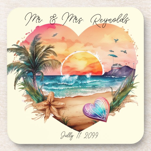 Watercolor Hawaii Beach Sunset Heart Wedding  Coaster (Front)