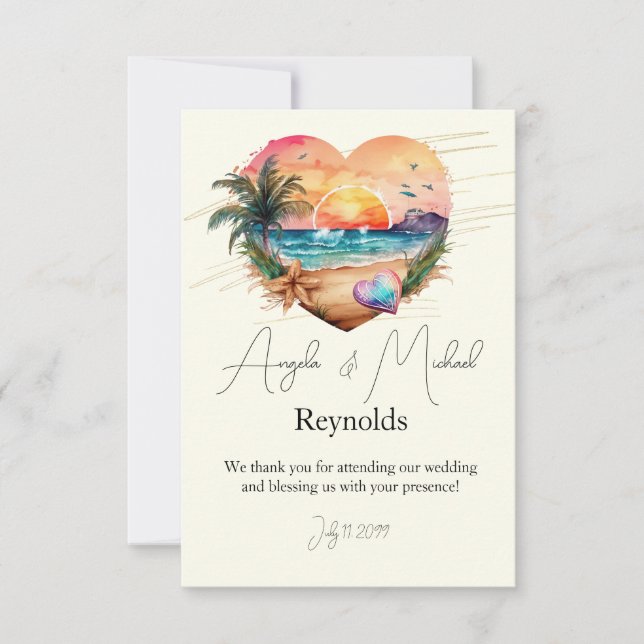 Watercolor Hawaii Beach Sunset Heart Wedding  Thank You Card (Front)