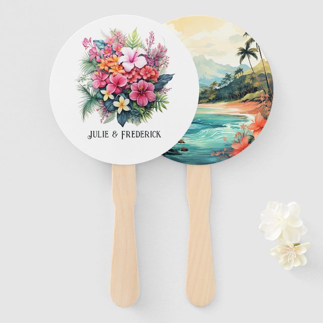 Watercolor Hawaii Destination Wedding Hand Fan (Front and Back)