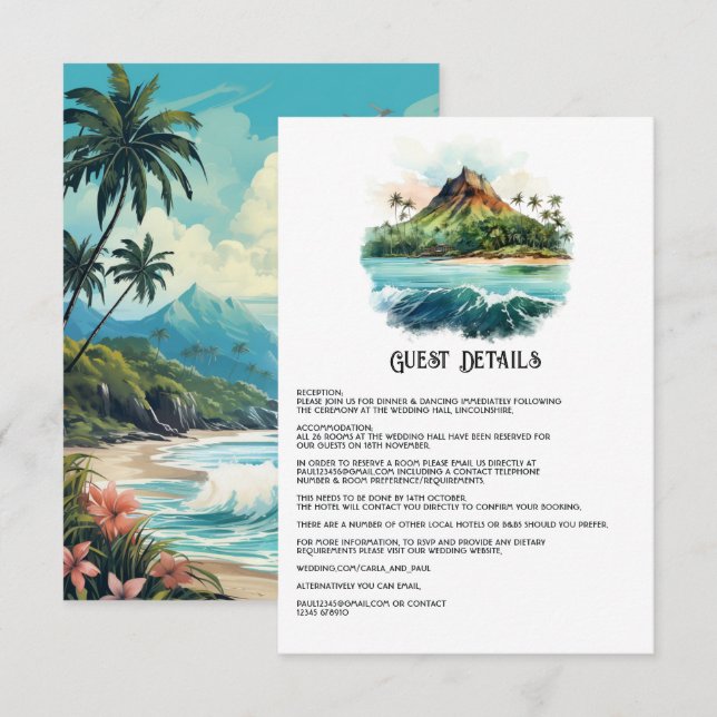 Watercolor Hawaii Wedding Guest Details Enclosure Card (Front/Back)