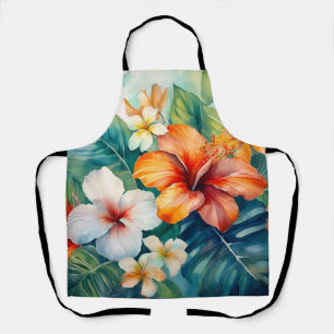 Watercolor Hawaiian Garden Tropical Hibiscus Apron