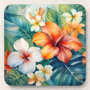 Watercolor Hawaiian Garden Tropical Hibiscus Coaster