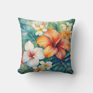 Watercolor Hawaiian Garden Tropical Hibiscus Cushion