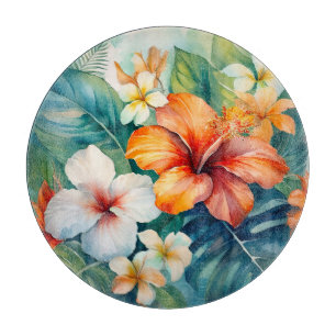 Watercolor Hawaiian Garden Tropical Hibiscus Cutting Board