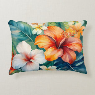 Watercolor Hawaiian Garden Tropical Hibiscus Decorative Cushion