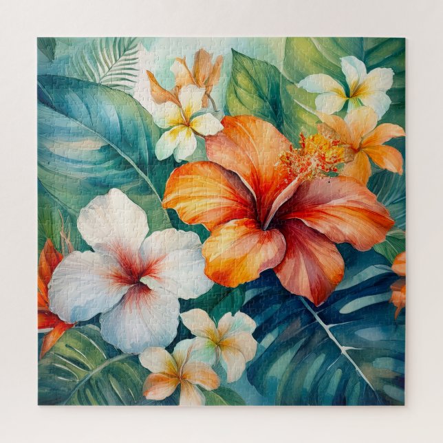 Watercolor Hawaiian Garden Tropical Hibiscus Jigsaw Puzzle (Vertical)