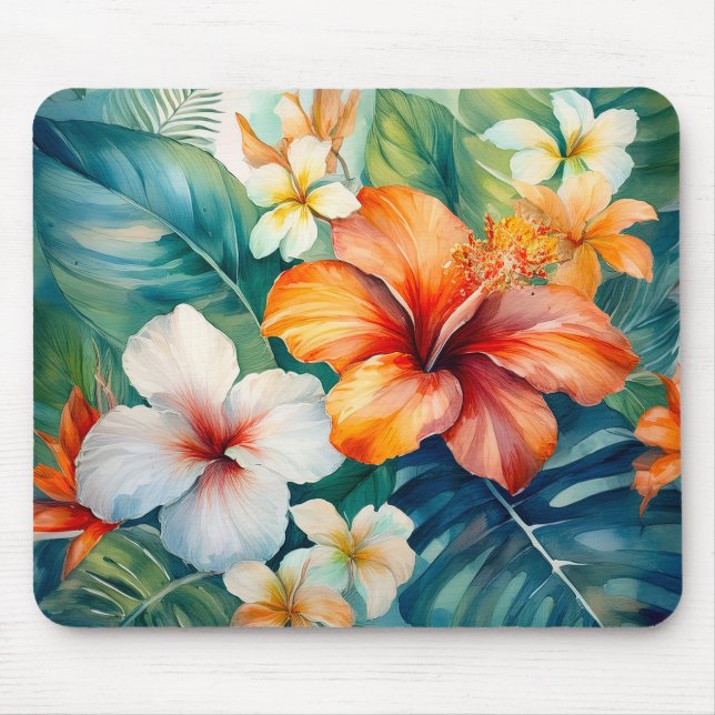 Watercolor Hawaiian Garden Tropical Hibiscus  Mouse Mat (Front)