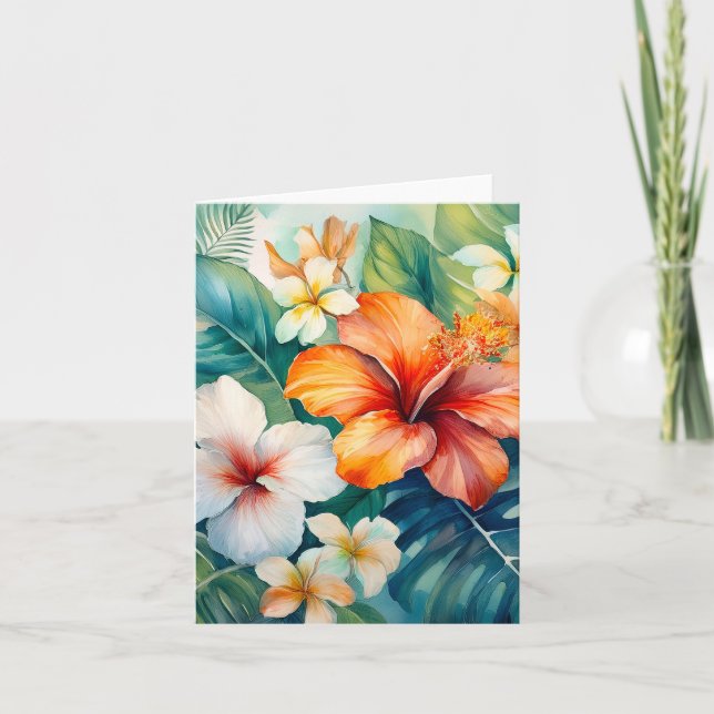 Watercolor Hawaiian Garden Tropical Hibiscus Note Card (Front)