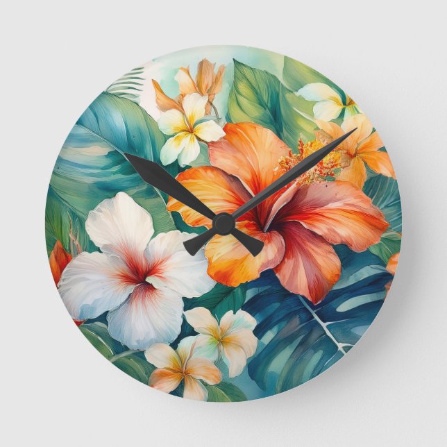Watercolor Hawaiian Garden Tropical Hibiscus Round Clock (Front)