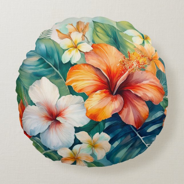 Watercolor Hawaiian Garden Tropical Hibiscus Round Cushion (Front)
