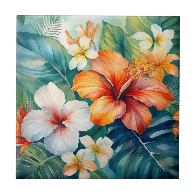 Watercolor Hawaiian Garden Tropical Hibiscus Tile (Front)