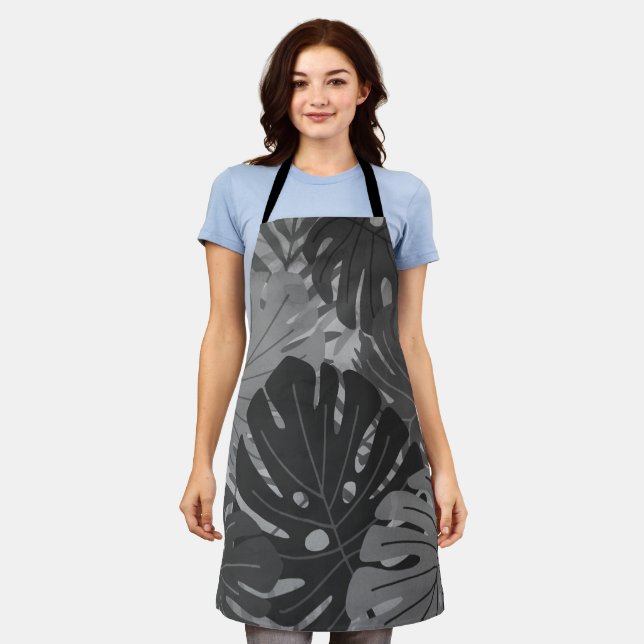 Watercolor Hawaiian Monstera Leaf Tropical - Grey Apron (Worn)