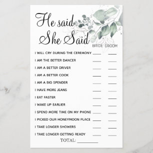 Watercolor He said She Said shower game card