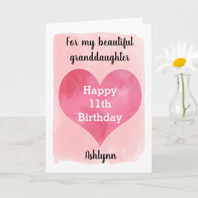 Watercolor Heart 11th Birthday Granddaughter Card (Small Plant)