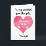 Watercolor Heart 12th Birthday Granddaughter Card<br><div class="desc">A heart 12th birthday granddaughter card that features a pink watercolor heart on the front of the card. You can easily personalise underneath the heart with her name. Inside this 12th birthday card reads a heartfelt message, which you can easily personalise if wanted. The back has a happy birthday message,...</div>