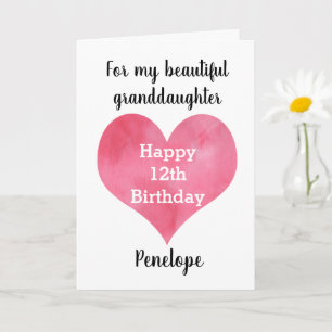 Watercolor Heart 12th Birthday Granddaughter Card