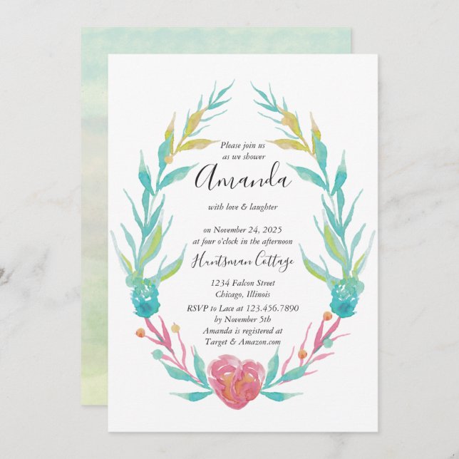 Watercolor heart and floral frame bridal shower  invitation (Front/Back)