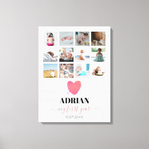Watercolor Heart Baby's First Year Photo Collage Canvas Print