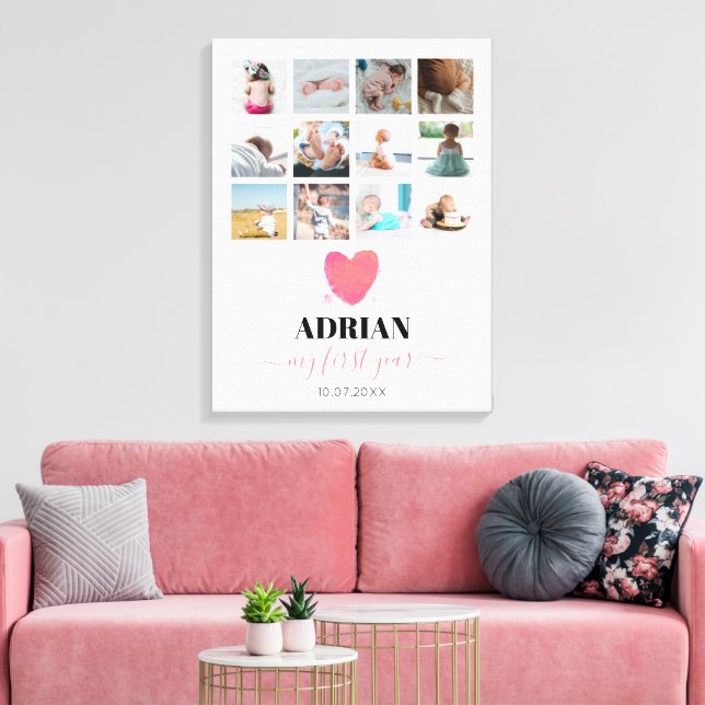 Watercolor Heart Baby's First Year Photo Collage Canvas Print (Insitu(LivingRoom))