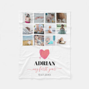 Watercolor Heart Baby's First Year Photo Collage Fleece Blanket