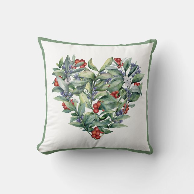 Watercolor Heart Berries Greenery Cushion (Front)