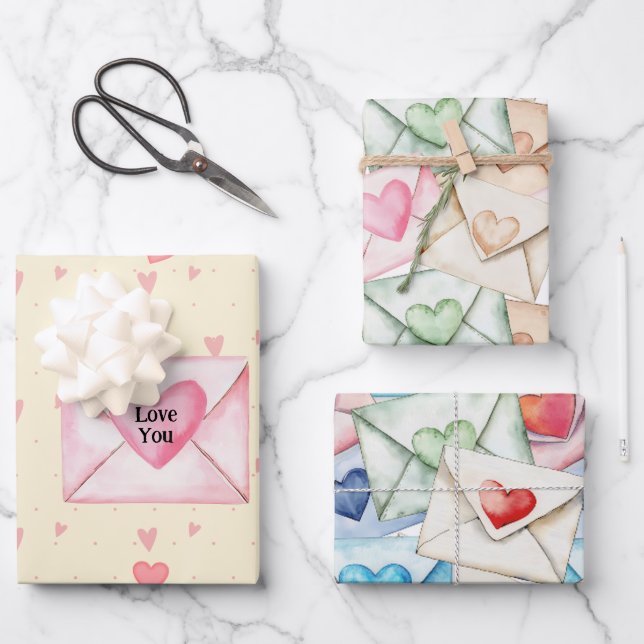 Watercolor Heart Envelopes Wrapping Paper Sheet (Front)