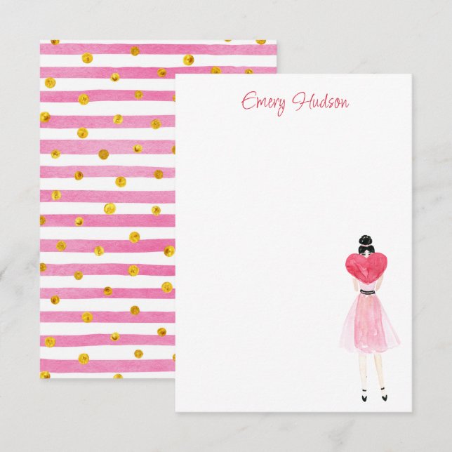 Watercolor Heart Fashion Girl Thank You Card (Front/Back)