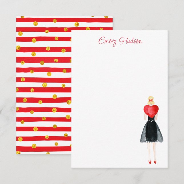 Watercolor Heart Fashion Girl Thank You Card (Front/Back)