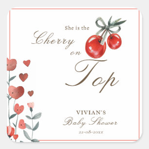 Watercolor Heart Floral Cherry On Top Baby Shower Square Sticker