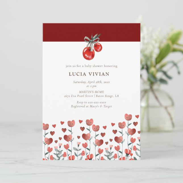 Watercolor Heart Floral Red Cherry Invitation (Standing Front)