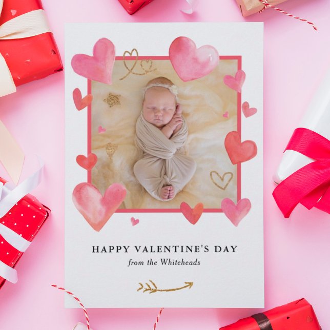 Watercolor Heart Frame Photo Valentine's Holiday Card (Creator Uploaded)