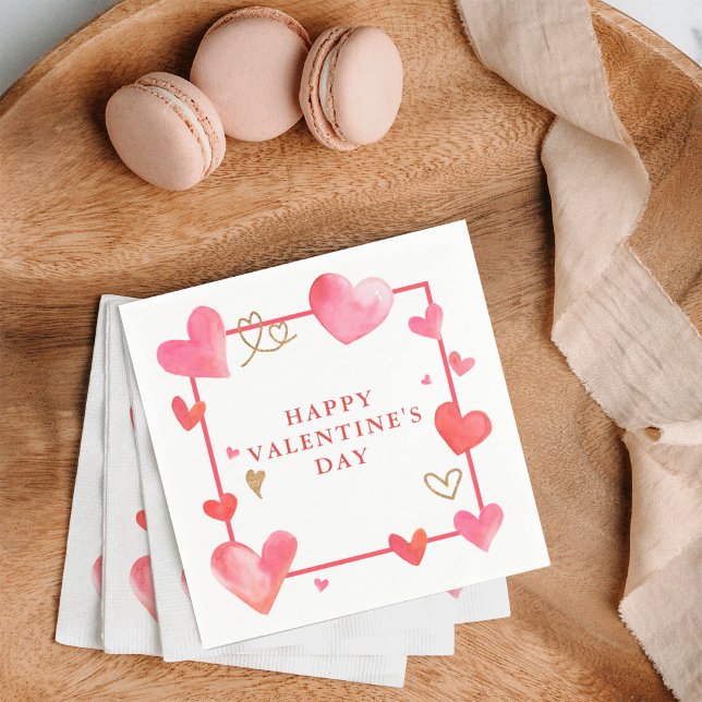 Watercolor Heart Frame Valentine's Napkin (Celebrate Valentine's day with these beautiful napkins with watercolor pink hearts.)