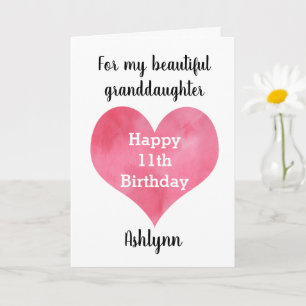 Watercolor Heart Happy 11th Birthday Granddaughter Card