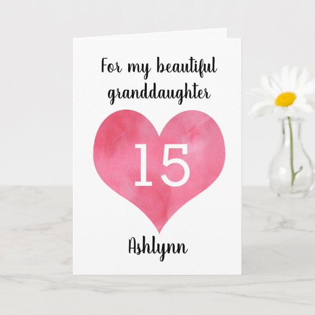 Watercolor Heart Happy 15th Birthday Granddaughter Card (Small Plant)