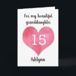 Watercolor Heart Happy 15th Birthday Granddaughter Card<br><div class="desc">A pink heart granddaughter 15th birthday card that features a watercolor heart on the front. You can personalize the heart with the age you need and add her name underneath the heart. The inside card message reads a heartfelt birthday message, which also be easily personalized if wanted. The back reads...</div>