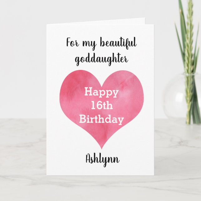 Watercolor Heart Happy 16th Birthday Goddaughter Card (Front)