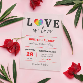 Watercolor Heart Love Is Love Gay Lesbian Wedding Acrylic Invitations