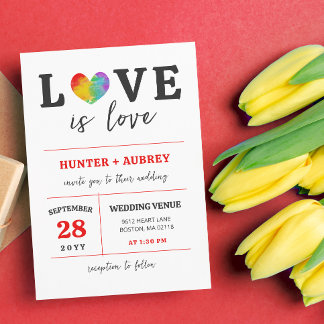 Watercolor Heart Love Is Love Gay Lesbian Wedding Invitation