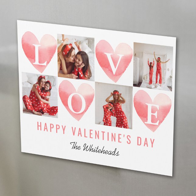 Watercolor Heart Love Photo Collage Valentine's (Send your out a magnet for Valentine's Day with this photo collage and watercolor heart design.)