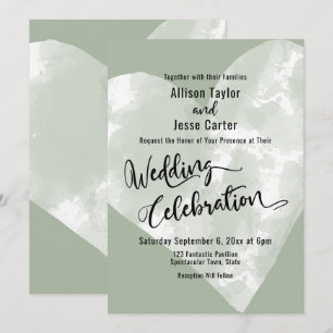 Watercolor Heart on Sage Green Wedding Celebration Invitation