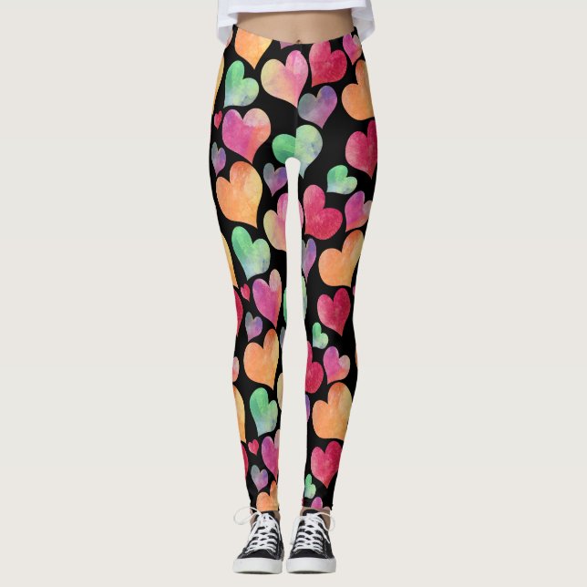 Watercolor Heart Pattern Cute Girly Colourful Leggings (Front)