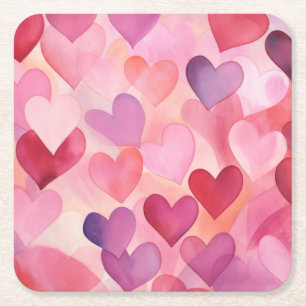 Watercolor Heart Pattern Modern Contemporary Pink Square Paper Coaster
