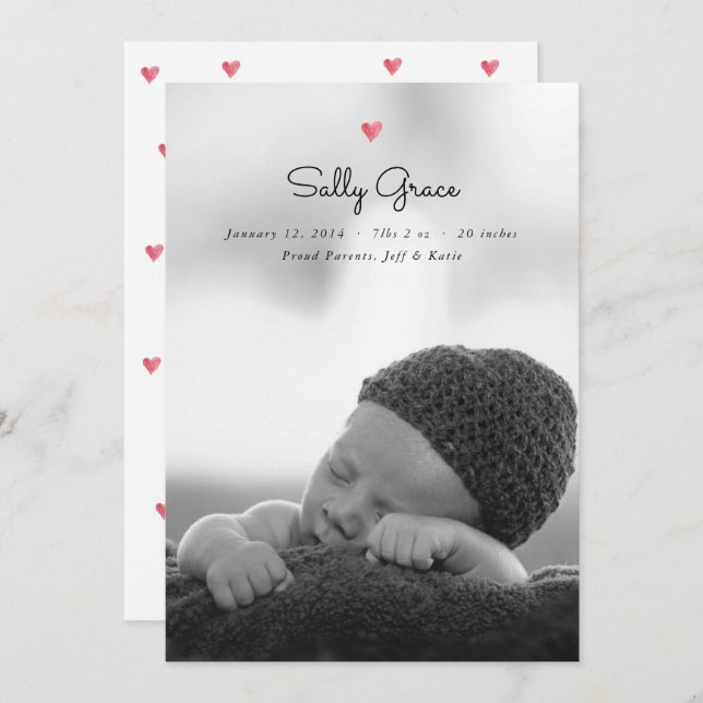 Watercolor Heart Photo Baby Birth Announcement  (Front/Back)