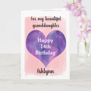 Watercolor Heart Pink and Purple 14th Birthday Card