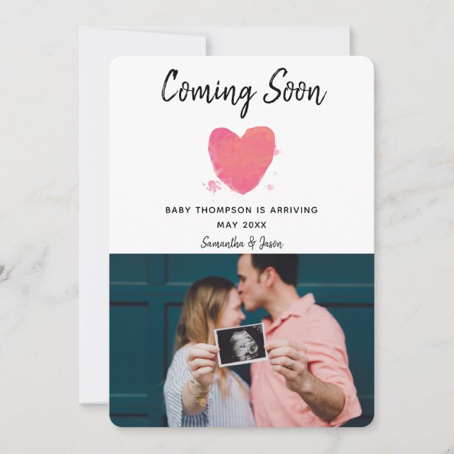 Watercolor Heart Pregnancy Photo Announcement Card (Front)