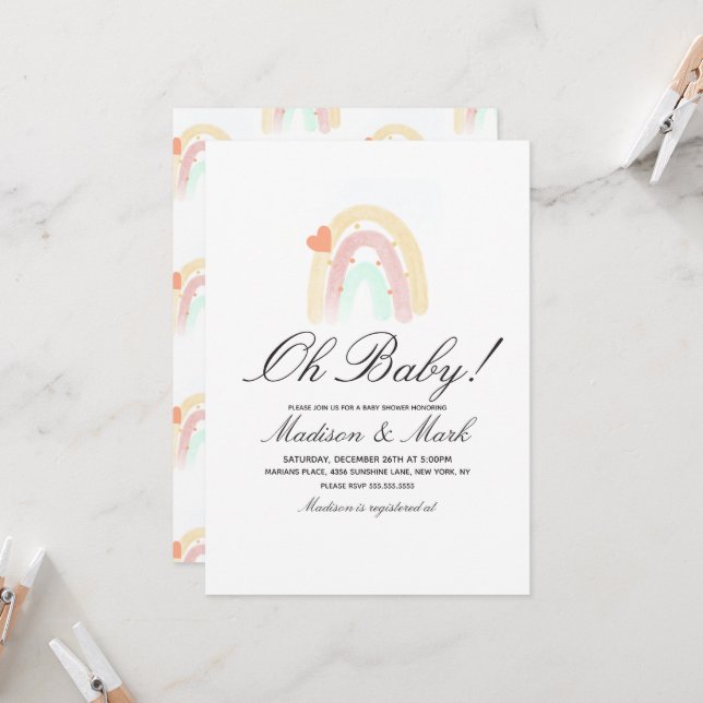 Watercolor Heart Rainbow Stroke Baby Shower Invitation (Front/Back In Situ)