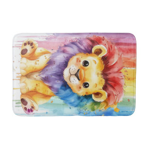 Watercolor Heart Shape Colourful Lion  Bath Mat