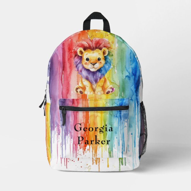 Watercolor Heart Shape Colourful Lion Kids Printed Backpack (Front)