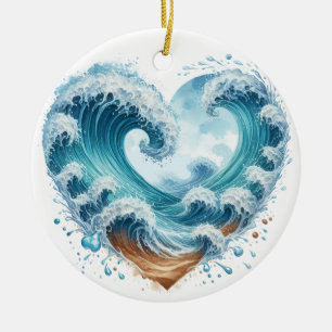 WATERCOLOR HEART SHAPED WAVES ON THE BEACH CERAMIC TREE DECORATION