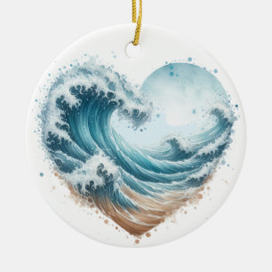 WATERCOLOR HEART SHAPED WAVES ON THE BEACH CERAMIC TREE DECORATION